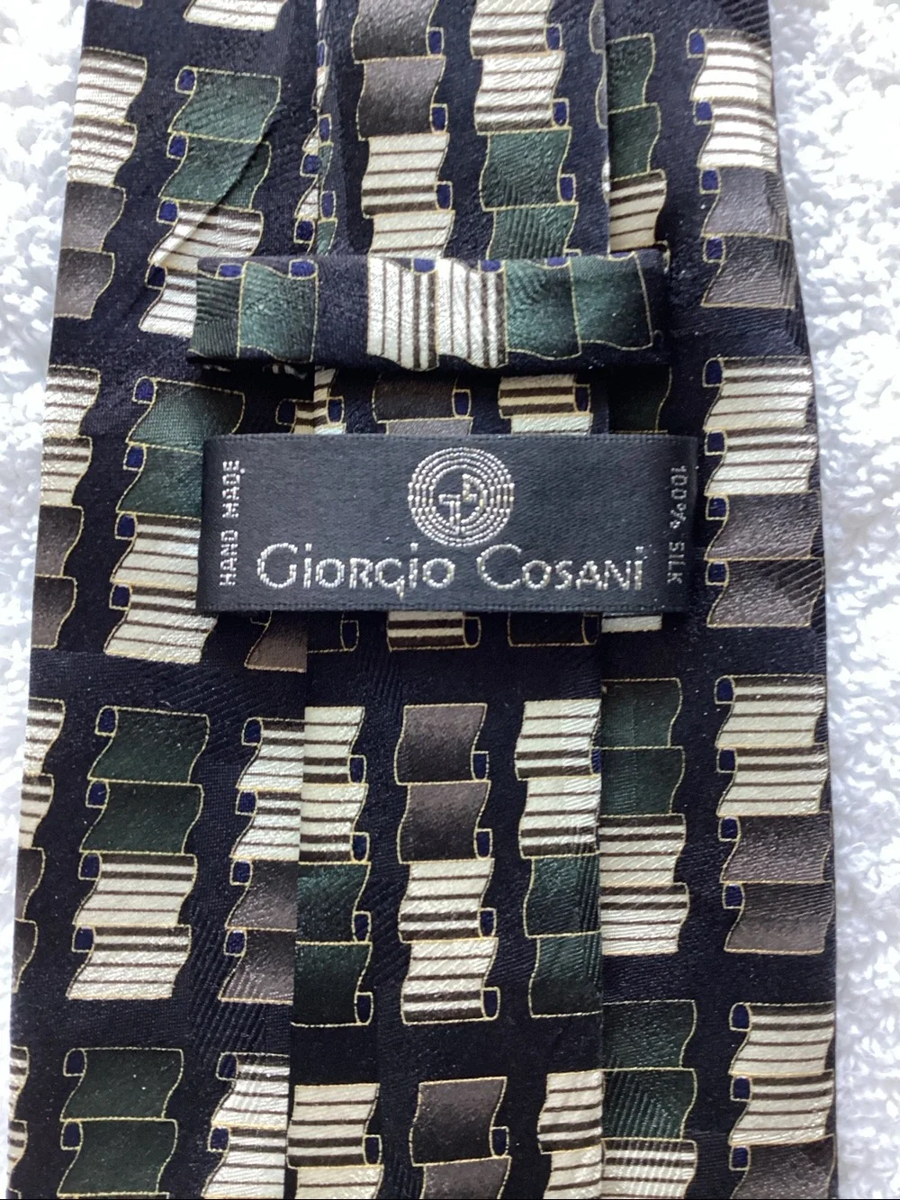 Men's Geometric Silk Tie in Black, Green and Cream